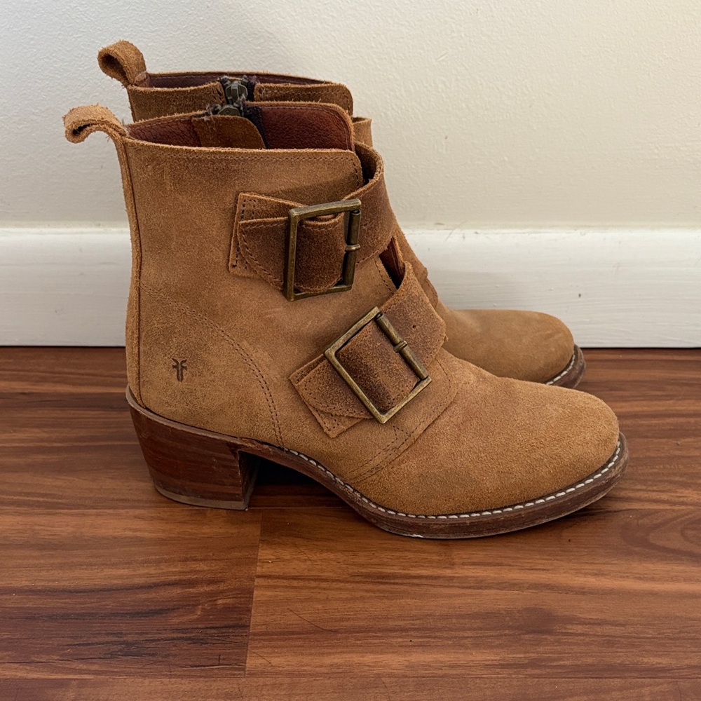 Frye Tan Suede Double-Buckle Heeled Ankle Boots - Picture 12 of 15